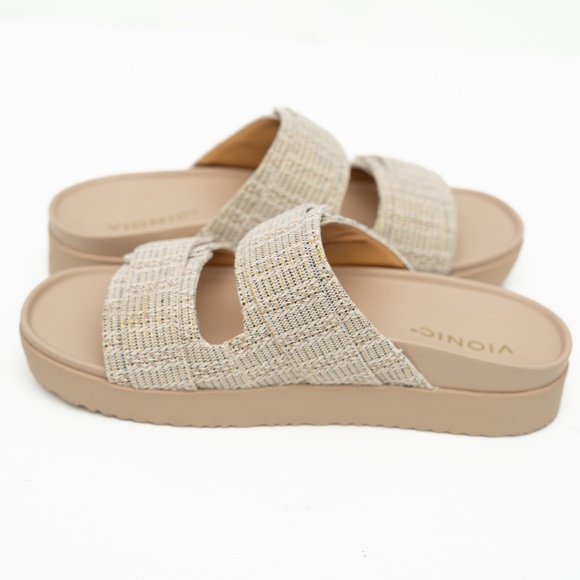 Vionic - Riviera Canvas Cream Gold Slide Sandals Size 10W - Picture 12 of 13